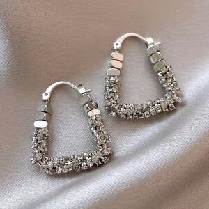 Geometric Sparkling Silver Metal Crystal Door Knocker Earrings